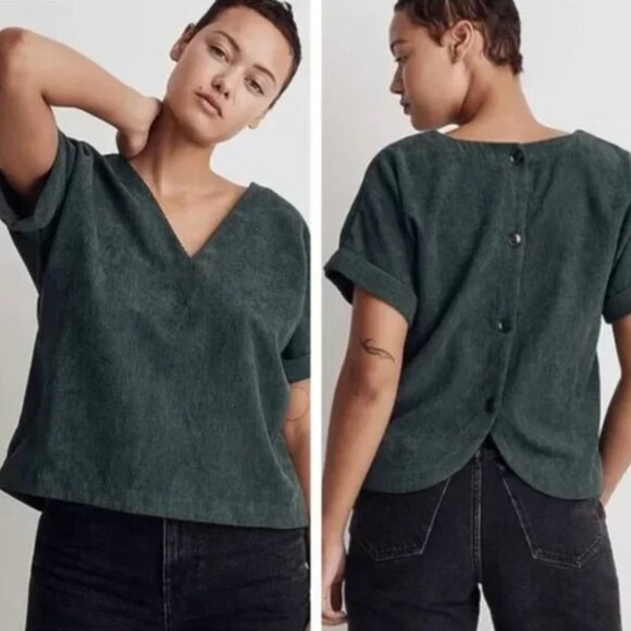 MADEWELL Corduroy Renata V-Neck Top Back-Button Closure, Forest Green, S - Picture 1 of 9
